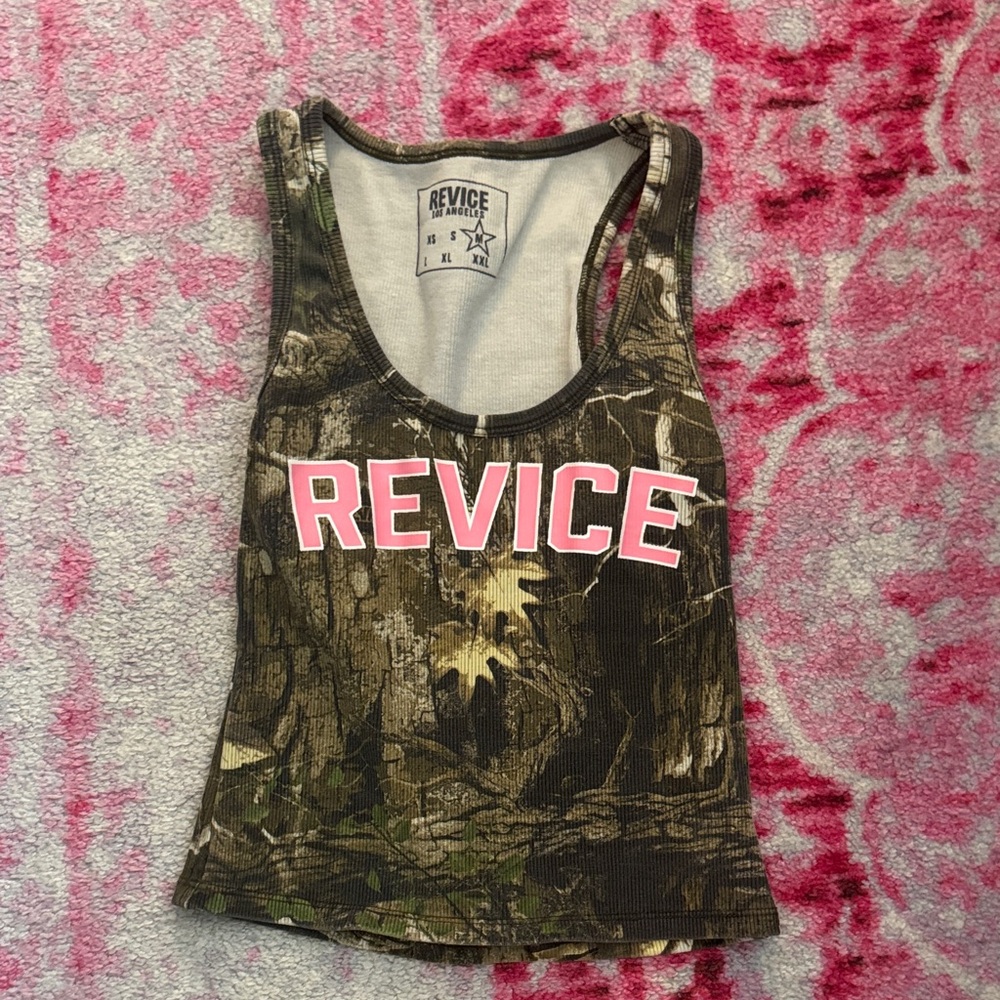 REVICE Brown Green Camo Tank with Pink Logo